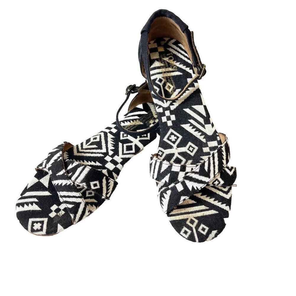 Toms Fabric Sandals Women's 10 Ankle Strap Black Geometric Buckle Comfort Casual